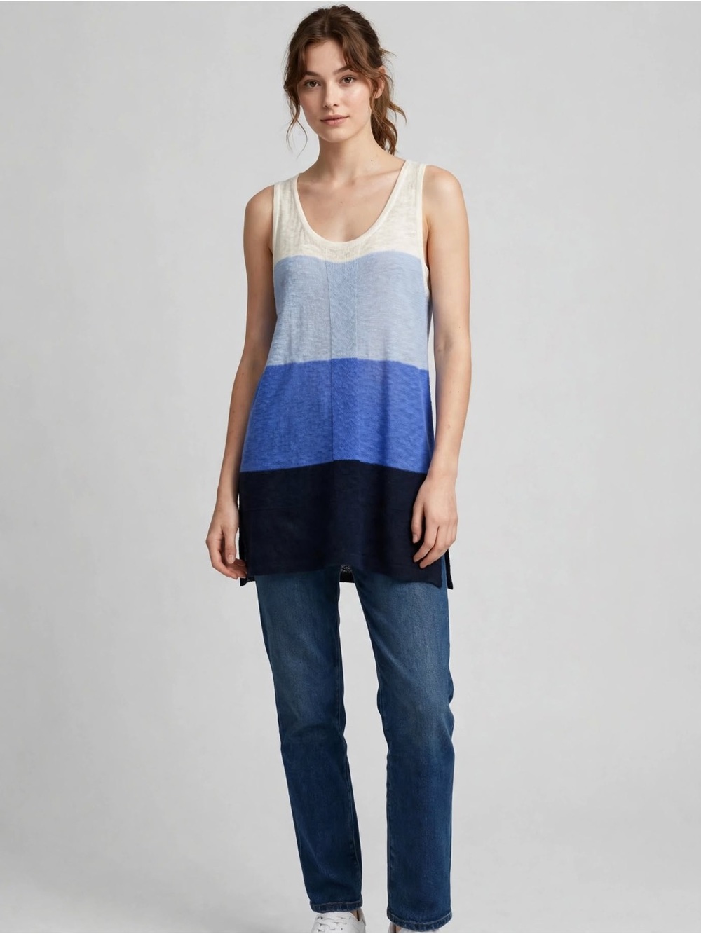 Jones New York Cream and Blue Colorblock Tunic Tank